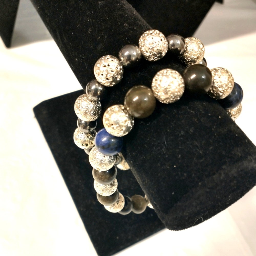 Mixed Multi Color High Quality Natural GemStones Beaded Bracelet Set of 2 ~NWOT
